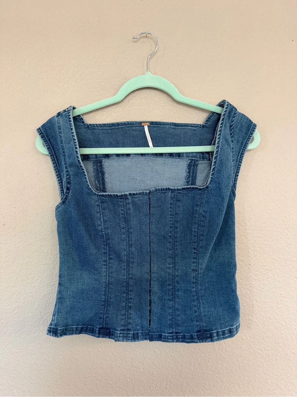Free People Denim Square-Neck Tank Top in Medium Blue